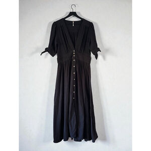 Free People Love Of My Life Black Button Front Midi Dress M | Tie Sleeves